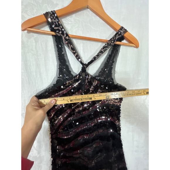 Full Sequin Mini Dress Black Silver Mesh Disco Sleeveless Sheer Unlined Bodycon - Picture 5 of 8
